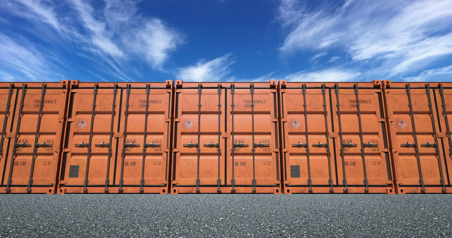 Empty cargo shipping container doors opening towards camera. Bright sunny day with light cirrus clouds in the sky. Royalty-Free Stock Footage #1032550481