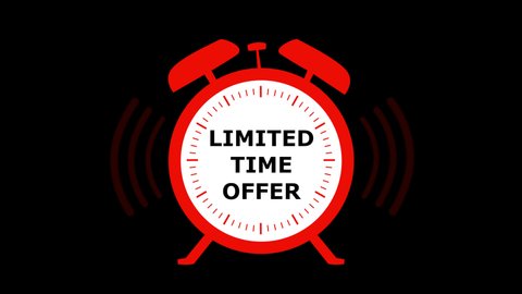 Big red limited time offer alarm clock animated on alpha channel background. 4k