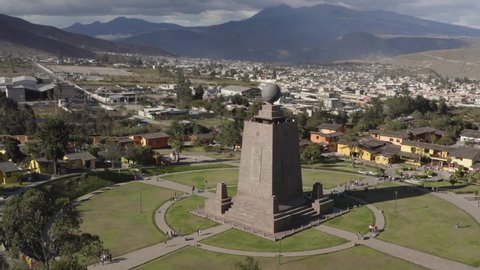 QUITO - SAN ANTONIO, ECUADOR - MAY 5, 2019: Equator line monument, Ciudad Mitad Del Mundo, Ecuador, aerial drone footage