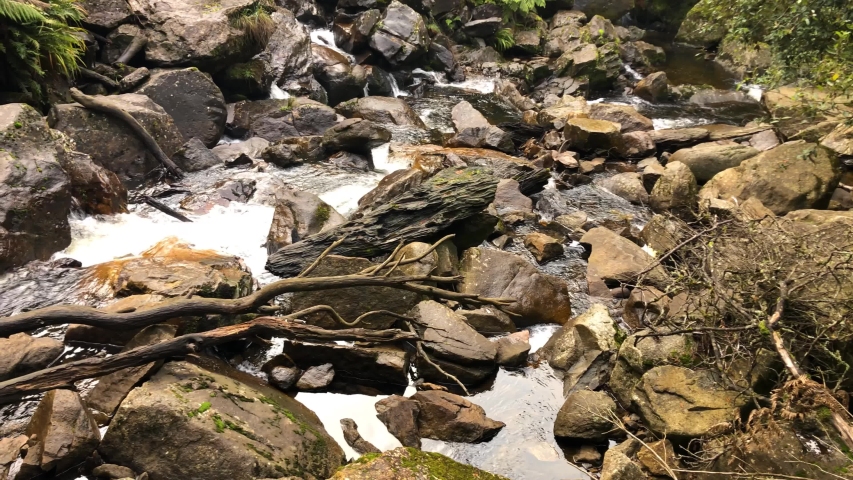 River runs down over tree logs down stream