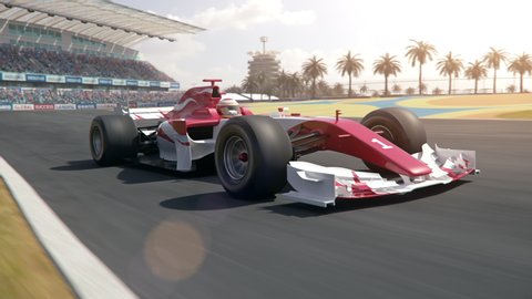 Generic formula one race car drives past the camera and accelerates - dynamic camera pan - realistic high quality 3d animation