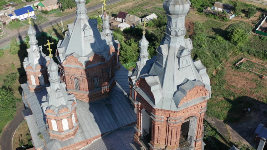 Aerial view of ancient orthodox Church of Archangel Michael near Bityug river in Tambov region. Built in 1909