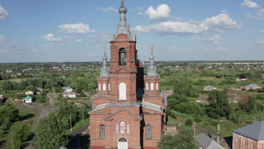Aerial view of ancient orthodox Church of Archangel Michael near Bityug river in Tambov region. Built in 1909