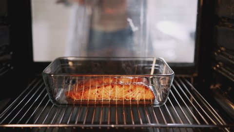 View Looking Out From Inside Oven As Woman Cooks Oven Baked Salmon