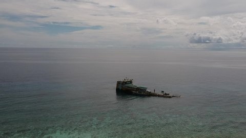 17th February 2019. Selayar, Sulawesi, Indonesia. Aerial view of KM Lestari Maju shipwreck. The sunken ship has been there (Pabaddilang Beach) for seven months before finally moved/li