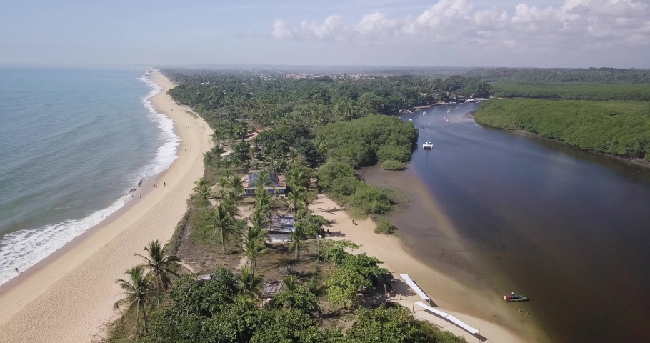 Aerial view of Barra de Caraiva, a coastal and seaside community located in Porto Seguro, Bahia, Brazil