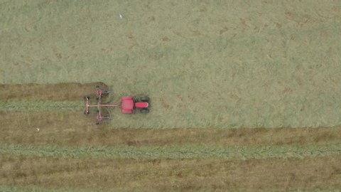 Aerial shot looking straight down on a red tractor which is raking cut grass into rows, ready to make into bales.