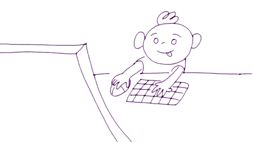 digital funny cartoon. Boy playing computer with a first-person shooter video game and imagines hi is soldier shooting a machine gun. Concept of full immersion and dreams and play. Line art animation