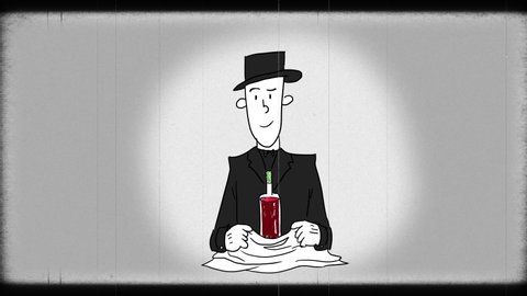 Digital art 2D animation. Cartoon Character Illusionist Man shows performing trick with bottle wine. Full bottle, empty bottle and drunk magician. Old Film Effect
