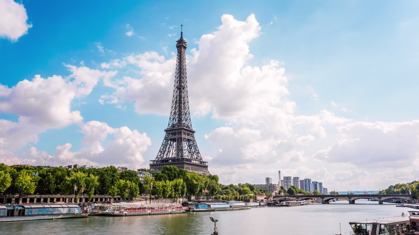 Eiffel tower by the Seine riverbank time lapse | Shutterstock HD Video #1032607187