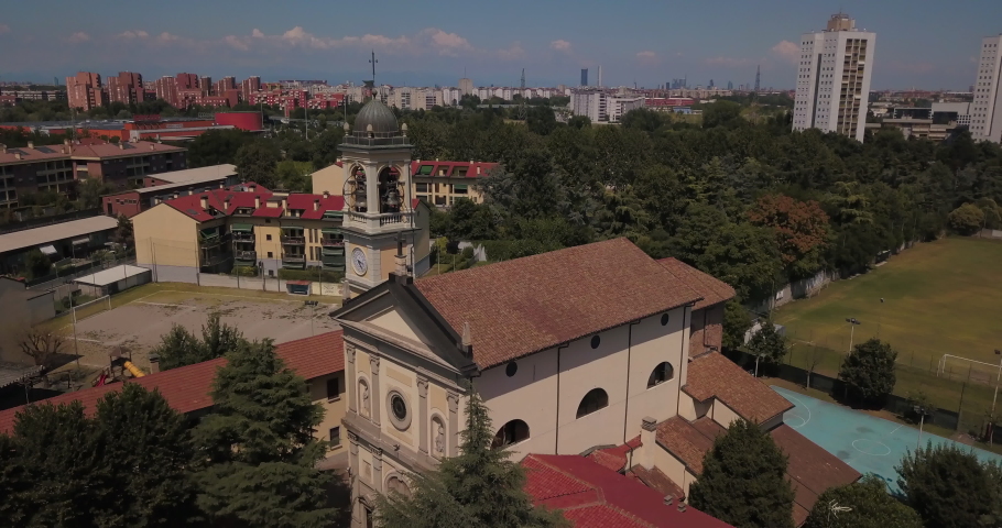 Aerial Drone footage view of beautiful old small church Milan, Italy.
