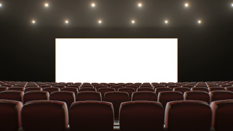 Wide Screen in Cinema Hall Moving Through Over the Seats. Beautiful 3d Animation with Lights, Green Screen and Tracking Points. Art and Technology Concept. 4k Ultra HD 3840x2160.
