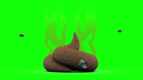 Smelly Poop with flies. 3D animation in cartoon style. Green screen, loopable.