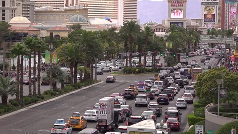LAS VEGAS, NEVADA - MARCH 7: Busy traffic going down casino strip of Las Vegas, Nevada on March 7, 2019.