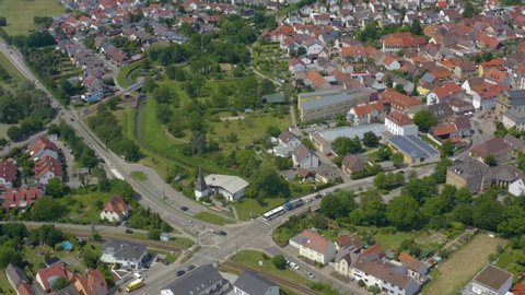 Aerial of the village Ubstadt in Germany. Round pan to the left around the center of town.