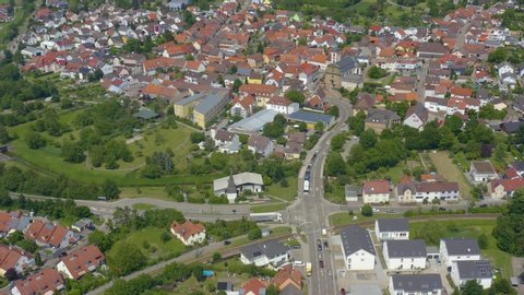 Aerial of the village Ubstadt in Germany. Wide view with zoom out.