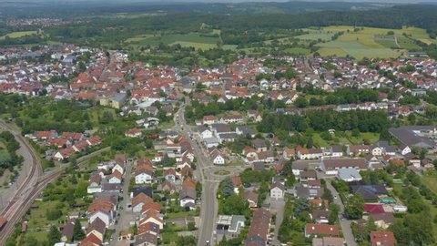 Aerial of the village Ubstadt in Germany. Wide view with zoom in on downtown.