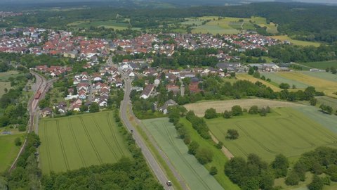 Aerial of the village Ubstadt in Germany. Very wide view with zoom in.