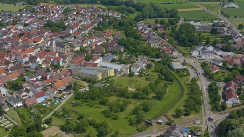 Aerial of the village Ubstadt in Germany. Wide view with round pan to the right.