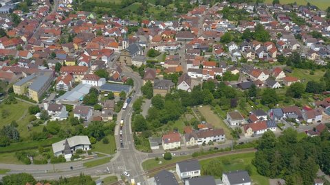 Aerial of the village Ubstadt in Germany,  zoom in on downtown.