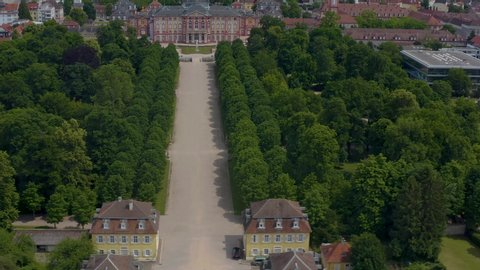 Aerial of the palace Bruchsal. Round pan to the right around the palace.