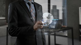 Want to join our team concept. Successful businessman in formal wear clothes standing indoor workstation office. Man holding modern cellular and creating holographic projection in cyber space - Powered by Shutterstock - Get 15% off with code: PIKWIZARD15