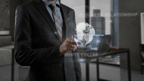 Team building concept. Successful businessman in formal wear clothes standing indoor workstation office. Mature man holding smartphone in hands and creating holographic projection online - Powered by Shutterstock - Get 15% off with code: PIKWIZARD15