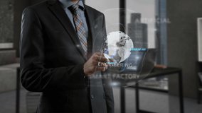 Production efficiency concept. Business man in formal wear standing in coworking space office. Male holding smartphone in hand and working with smart holographic interface in internet program - Powered by Shutterstock - Get 15% off with code: PIKWIZARD15
