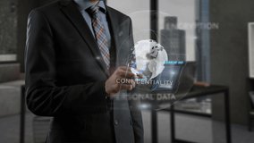 Privacy policy concept. Mature successful and professional man in modern work space office. Male using cellular and working with realistic simulation interface and special holographic elements - Powered by Shutterstock - Get 15% off with code: PIKWIZARD15