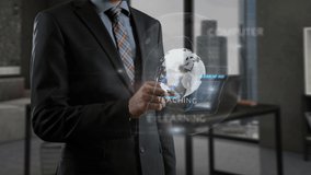 Free webinar concept. Smart businessperson in classic suit wear standing in modern office workspace place. Male using smart telephone and creating online holographic projection in internet - Powered by Shutterstock - Get 15% off with code: PIKWIZARD15