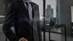 Due diligence concept. White collar agent in formal wear clothes standing in modern office workspace. Man holding smart cellular in hand and creating special holographic projection in virtual reality - Powered by Shutterstock - Get 15% off with code: PIKWIZARD15