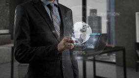 Cyber security concept. Confident businessman in classic suit wear standing in modern office working place. Male holding smartphone and working with online holographic projection in virtual reality - Powered by Shutterstock - Get 15% off with code: PIKWIZARD15
