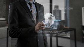 Capacity building concept. Leader man in white collar clothes standing in modern office workplace. Expert worker holding and using cellular in hands, working with holographic elements - Powered by Shutterstock - Get 15% off with code: PIKWIZARD15