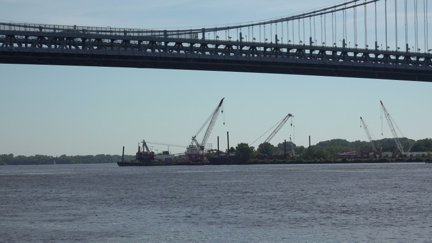 View of the Delaware river under the Ben Franklin Bridge in New Jersey