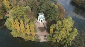 Aerial panoramic video from the drone to the national dendrological park Sofiyivka in city Uman, Ukraine in the summer. View of the Island of Anti-Circe