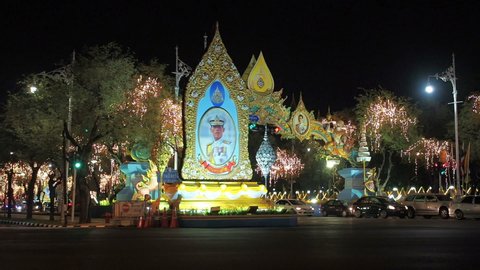 Bangkok, Thailand - May 6, 2019 : Large Portrait of Thai King Rama X, His Majesty King Maha Vajiralongkorn Bodindradebayavarangkun Phrabat Somdet Phra Vajira Klao Chao Yu Hua on a big image on the