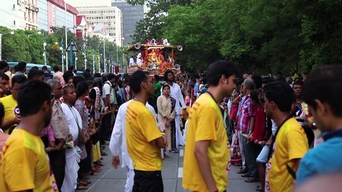 KOLKATA, INDIA - JUNE 4, 2019: ISKCON celebrate 48th Jagannath Rath Yatra on June 4th, 2019 in Kolkata, India. People pulling the Rath (chariot) of God Jagannath, Balaram and Goddess Suvadra as ritual