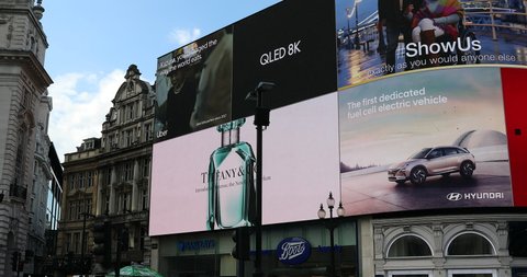 London, UK, May 28, 2019: Famous Piccadilly Circus New Electronic Advertising Screens In London, England, United Kingdom, Europe - DCi 4K Resolution
