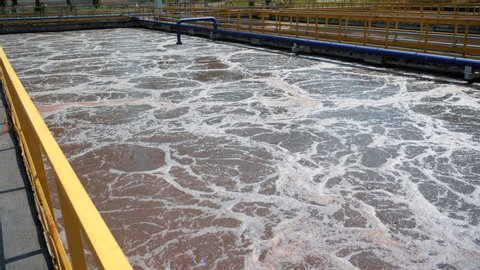 Reservoir or tank for sewage water aeration and cleaning. Wastewater treatment plant, biological treatment by activated sludge.