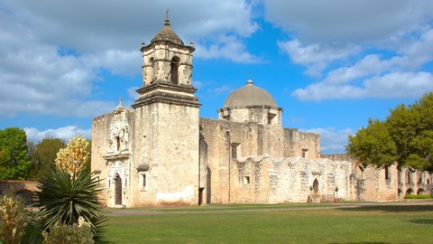 SAN ANTONIO, TX - 2019: Mission San José Old Catholic Stone Church Spanish Colonial Landmark Exterior in the Missions National Historical Park on a Sunny Day in Texas