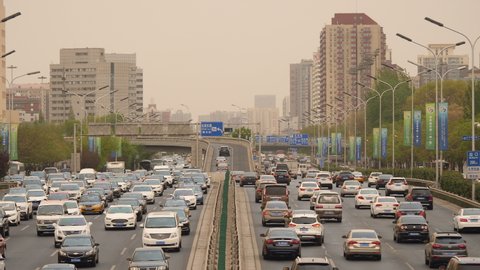 Beijing, China, April 2019. Heavy traffic in Beijing, long shot.