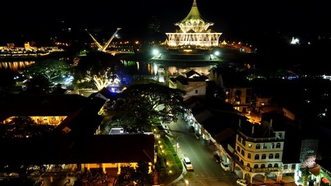 Kuching, Malaysia - June 2019. Timelapse of Dewan Undangan Negeri Sarawak or Sarawak Legislative Buildings at night