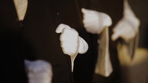 Row of waiters with white gloves and tuxedo serving the high class people
