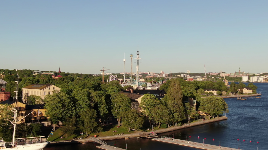 The famous tivoli Grona Lund in Djurgarden, Stockholm. Aerial pull-in.