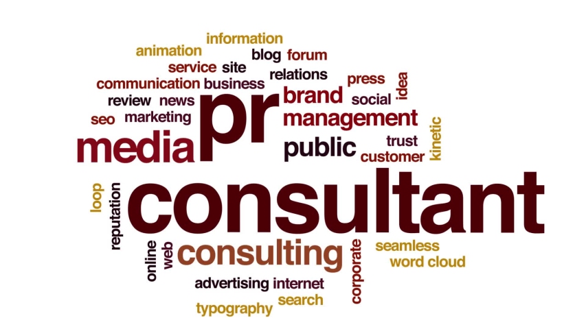PR consultant animated word cloud. Kinetic typography.
