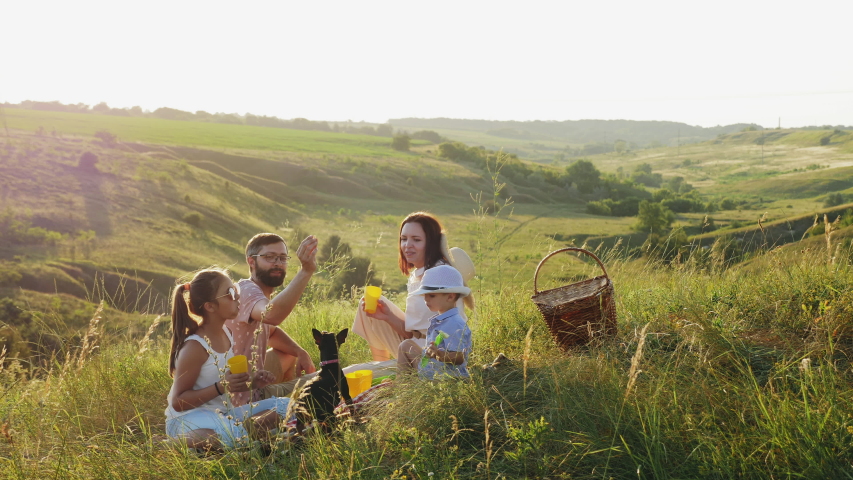 Family of four people on a picnic in the meadow at sunset. Family having fun, smiling, playing with their dog. Royalty-Free Stock Footage #1032681068
