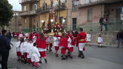 LEONFORTE, ITALY - APRIL 21: Traditional easter procession of Risen Christ on 21 April, 2019