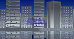 Digital animation of a Final Sign zooming in the screen while blinking and a background of grey buildings with blue sky