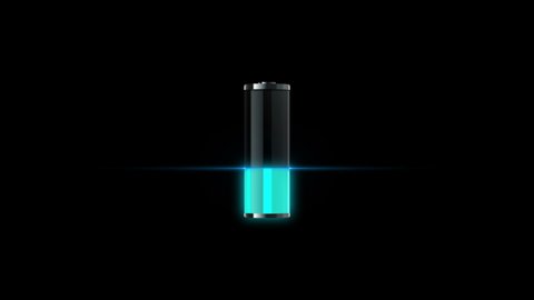 Glass battery charging level blue turquoise light indicator. Transparent vertical pile on black background. Power energy concept. Abstract 3d animation in 4k