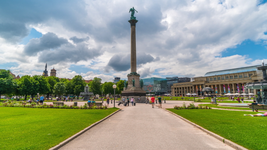 Stuttgart palace square schlossplatz Germayn city timelpase hyperlpse video in 4K. Main square in city centre.